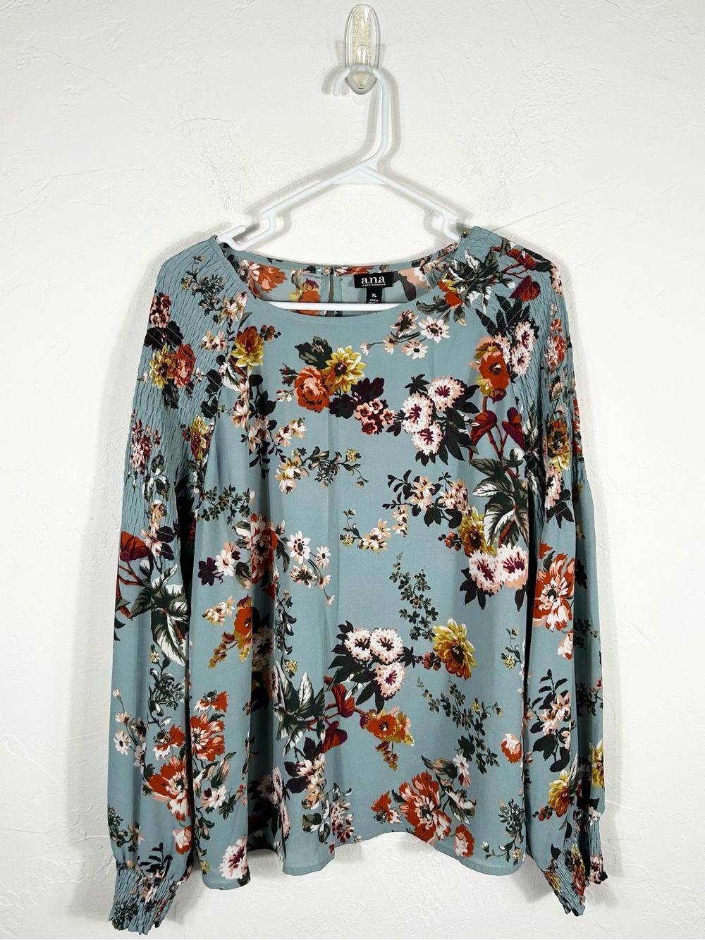ANA Women's XL Dusty Blue Orange Floral Crewneck Boho Blouse Top